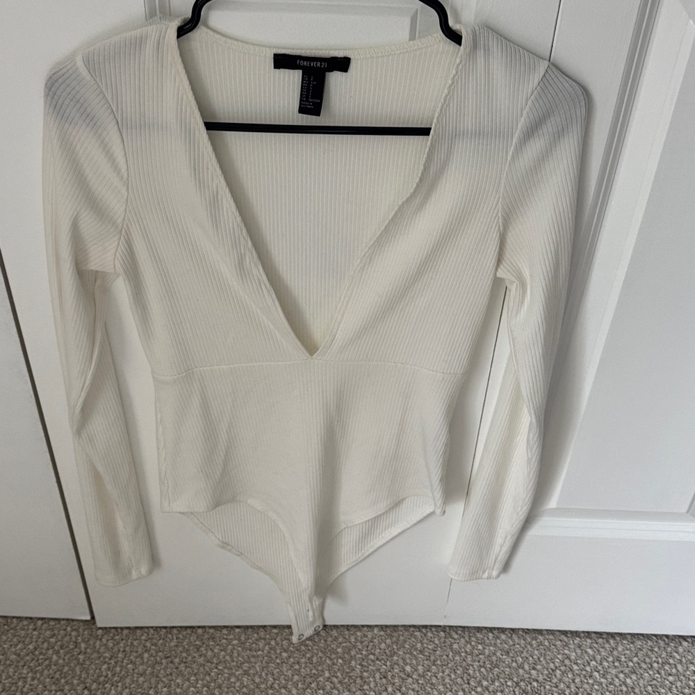 Forever 21 Cream Ribbed Long-Sleeve V-Neck Bodysuit